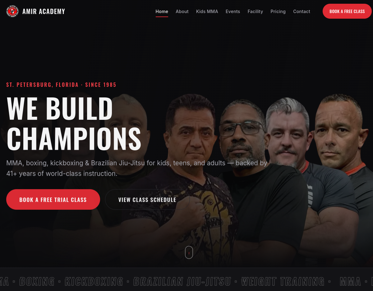 Amir Academy website hero: 'We Build Champions' — MMA, boxing, kickboxing and Brazilian Jiu-Jitsu in St. Petersburg since 1985.