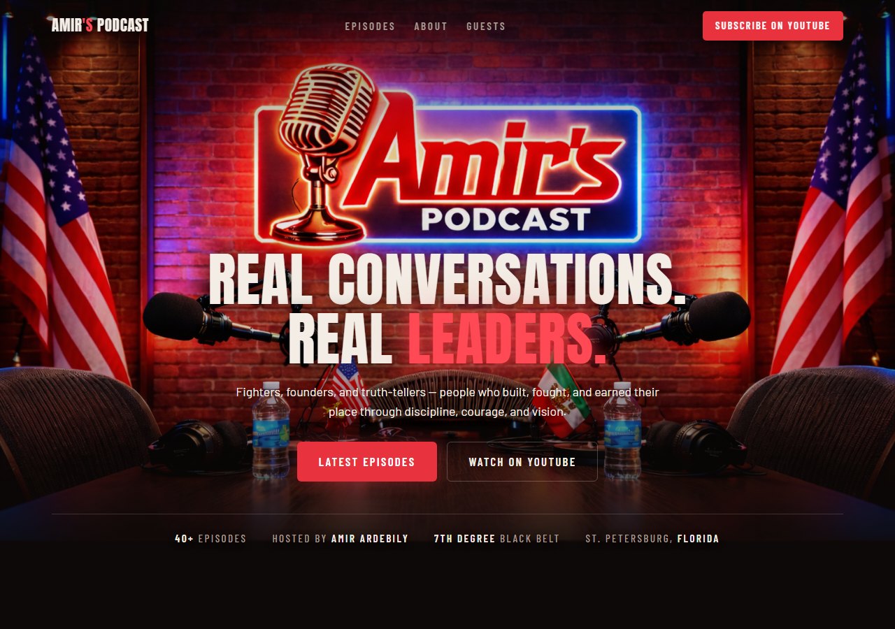 Amir's Podcast website hero — 'Real Conversations. Real Leaders.'