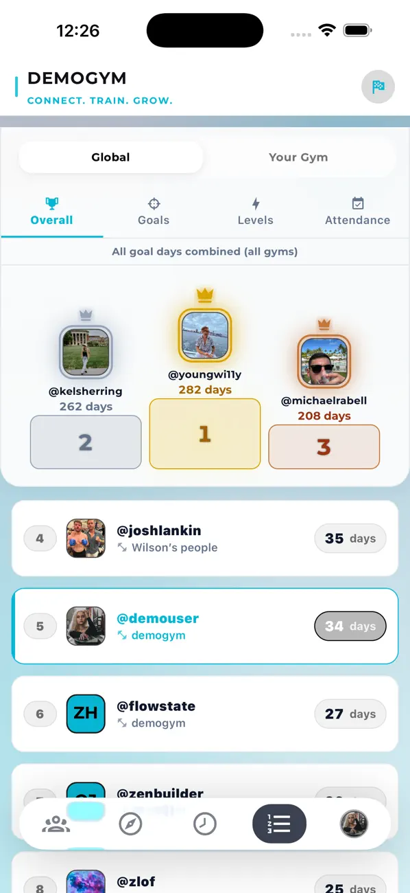 Core.X app leaderboard with a top-three podium and global member rankings by streak days.
