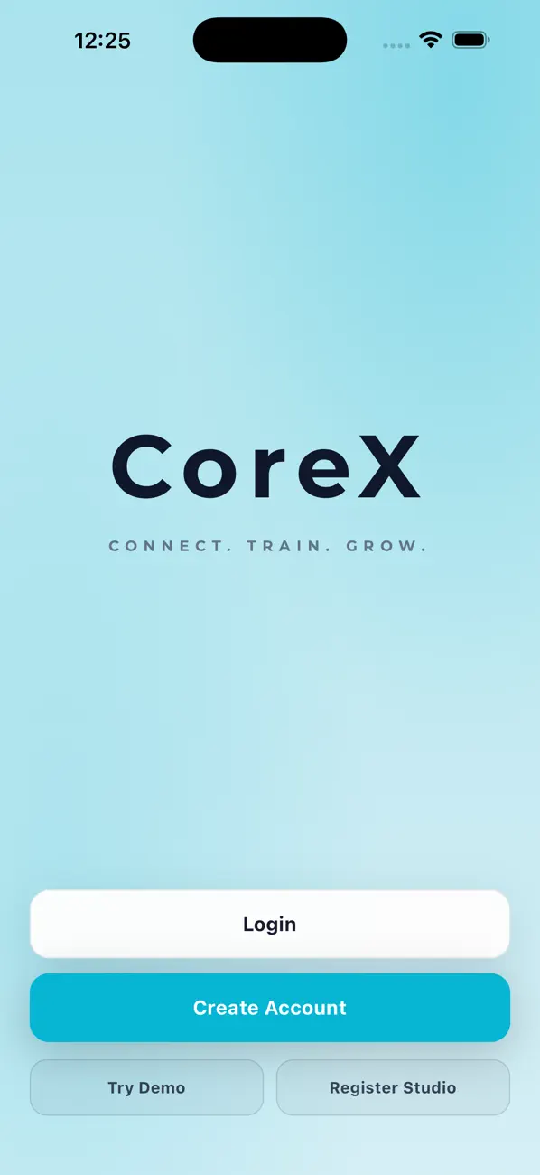 Core.X app welcome screen with Login, Create Account and Try Demo options.