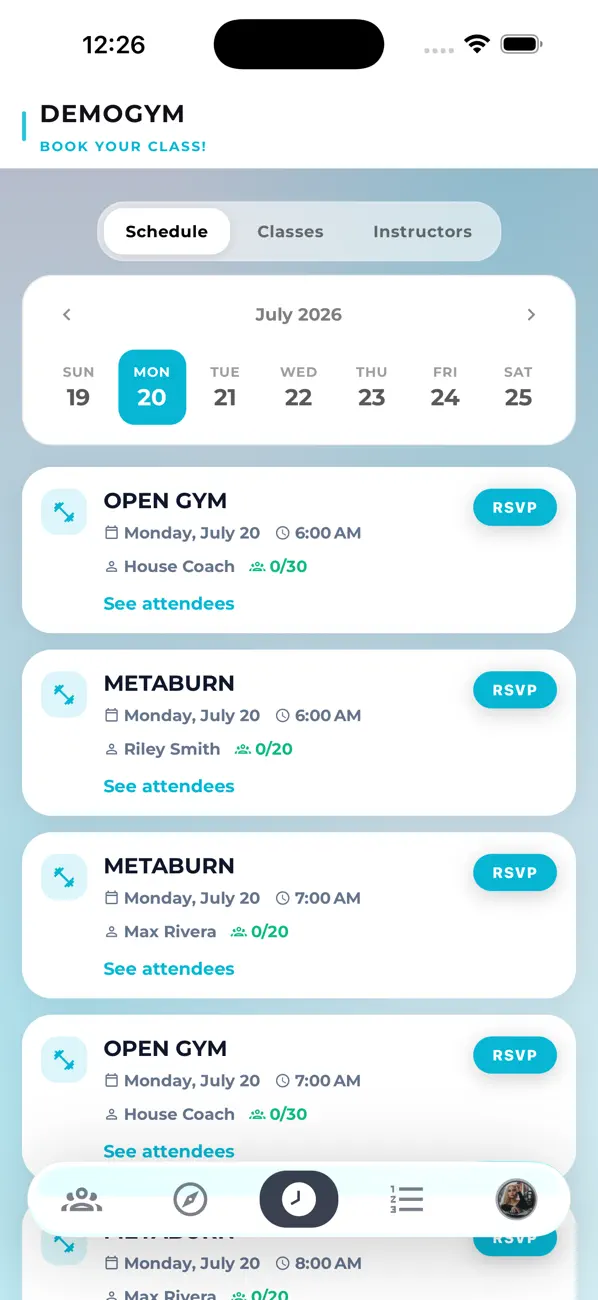 Core.X app class schedule with RSVP buttons for open gym and group classes.