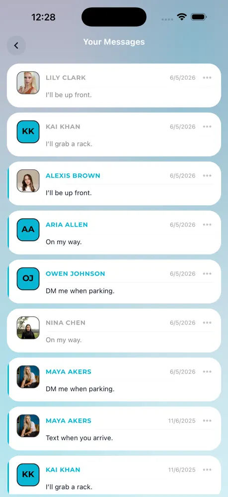 Core.X app messages inbox listing recent conversations with other gym members.