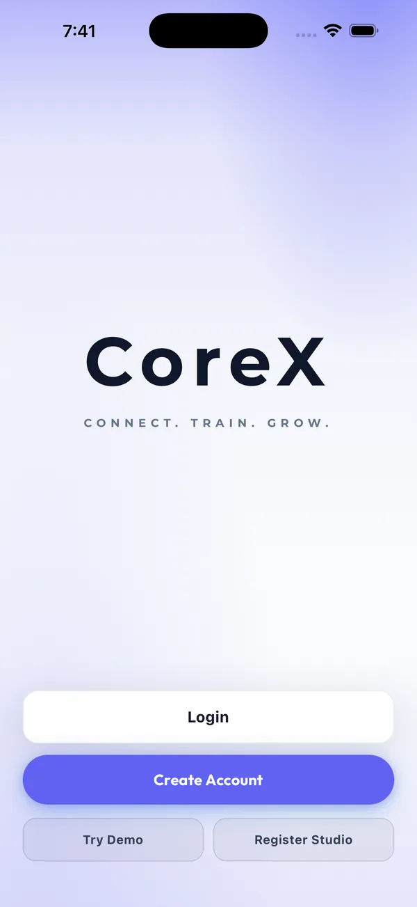 Core.X app welcome screen with Login, Create Account, Try Demo and Register Studio options