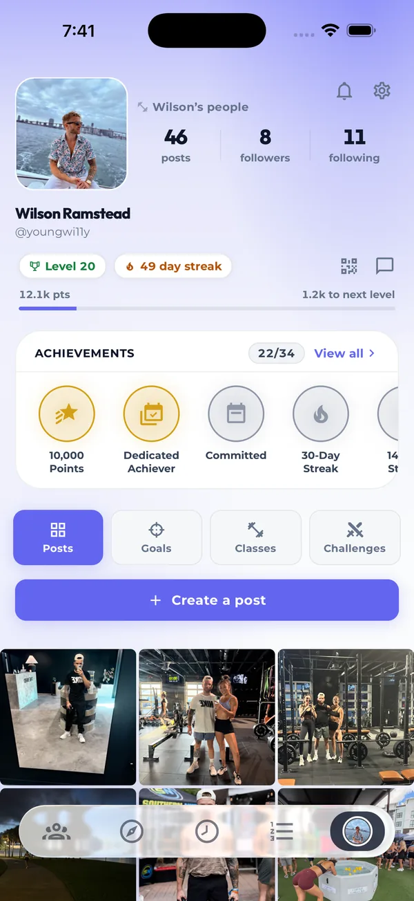 Core.X app member profile showing posts, followers, level 20, a 49-day streak and earned achievements