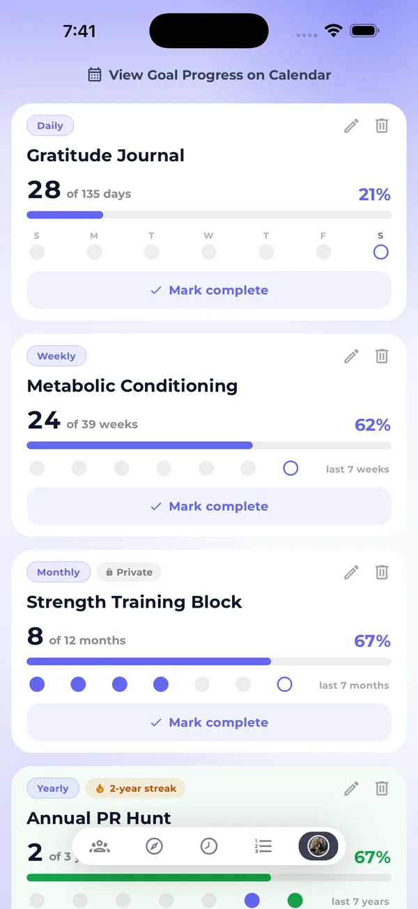 Core.X app goals list with daily, weekly, monthly and yearly goals, progress bars and streak dots