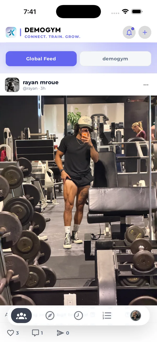 Core.X app post detail: a member's gym mirror photo in the feed with likes and comments
