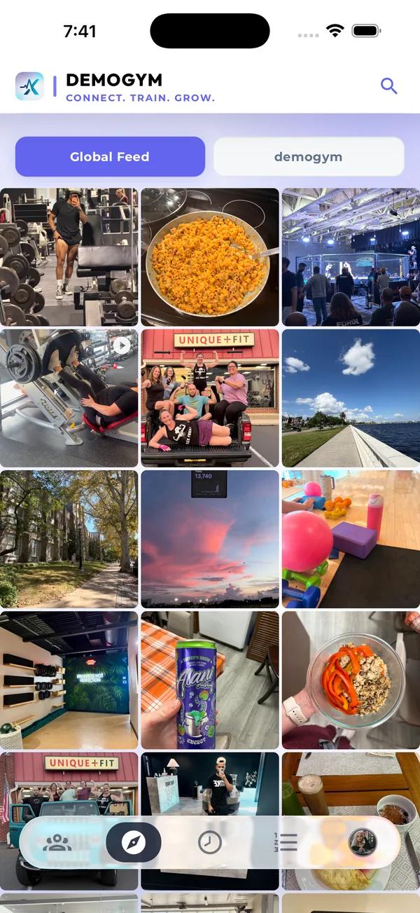 Core.X app Global Feed: a mosaic photo grid of member workouts, meals and runs