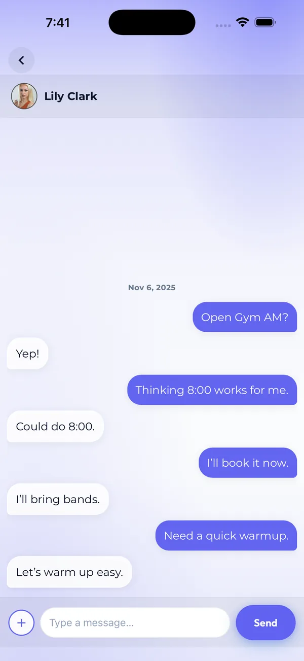 Core.X app direct-message thread: two members planning an open-gym session