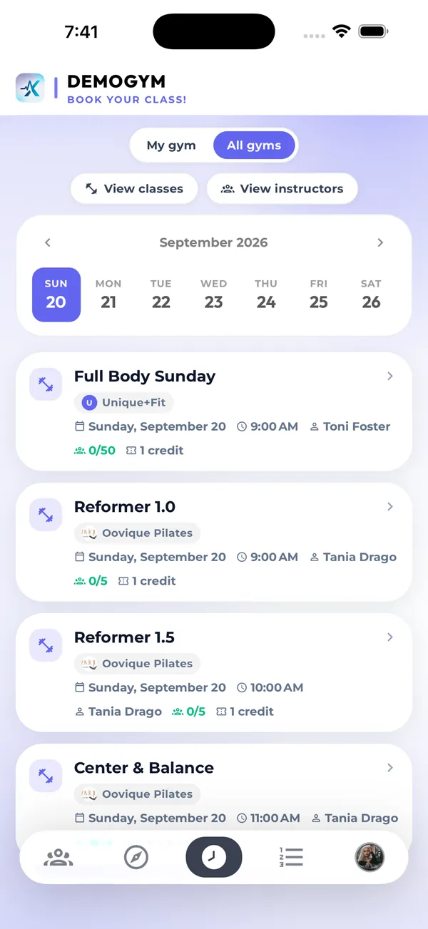 Core.X app class schedule across all gyms for the week, with Pilates and fitness classes and open spots