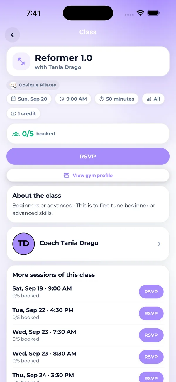 Core.X app class detail for Reformer 1.0 with an RSVP button, coach, credits and upcoming sessions