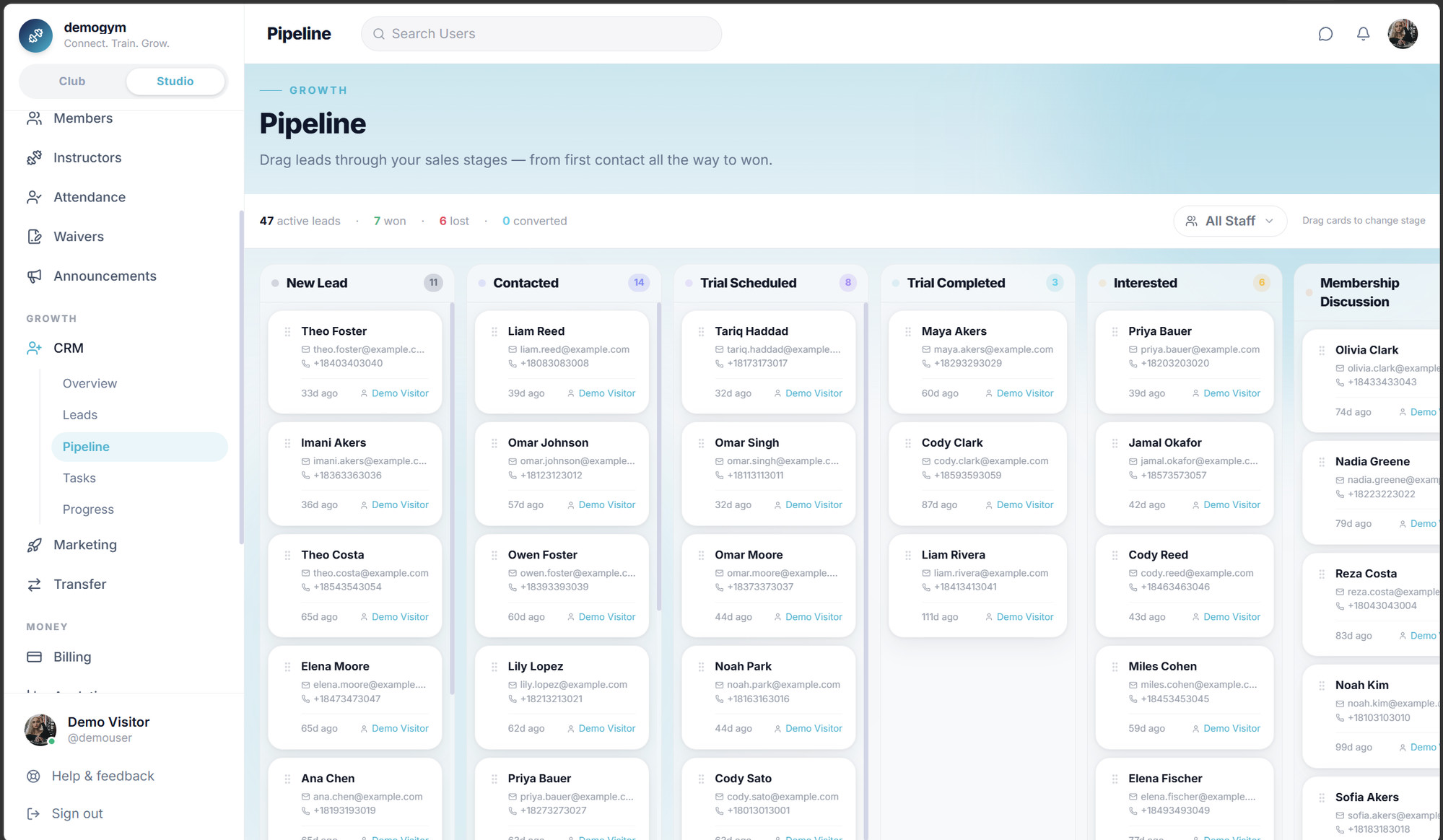 Core.X CRM Pipeline: a drag-and-drop sales board moving leads from new to won across stages.