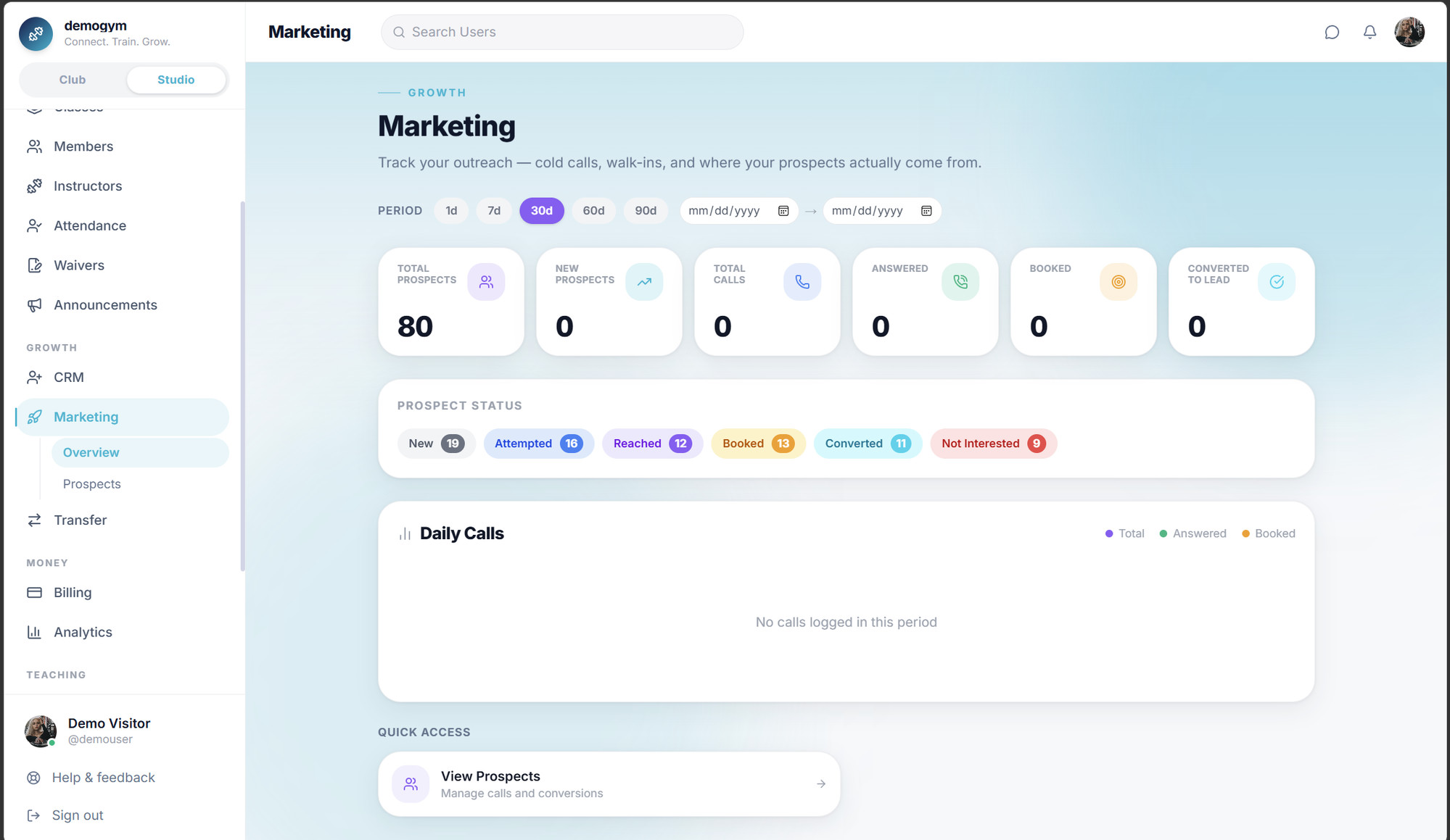 Core.X Marketing: outreach tracking across cold calls, walk-ins and prospect sources with conversion status.