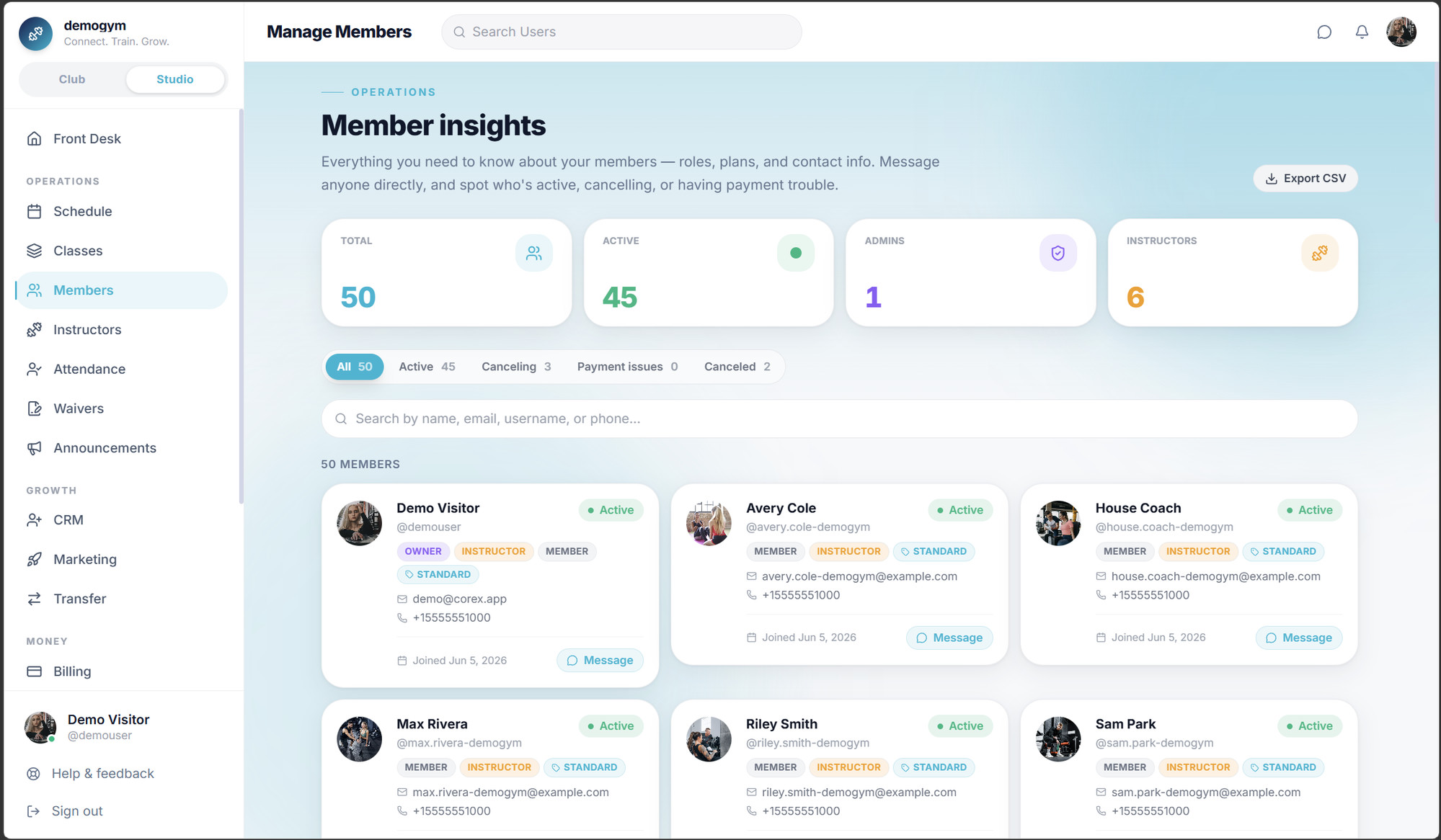 Core.X Member Insights: member roster with roles, plans, active vs. cancelling status and direct messaging.