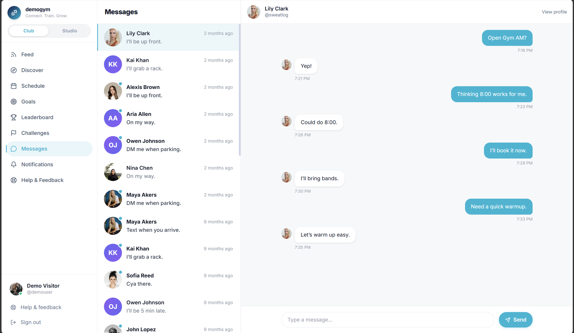 Core.X member messaging: a conversation list beside an open chat thread coordinating an open-gym session.
