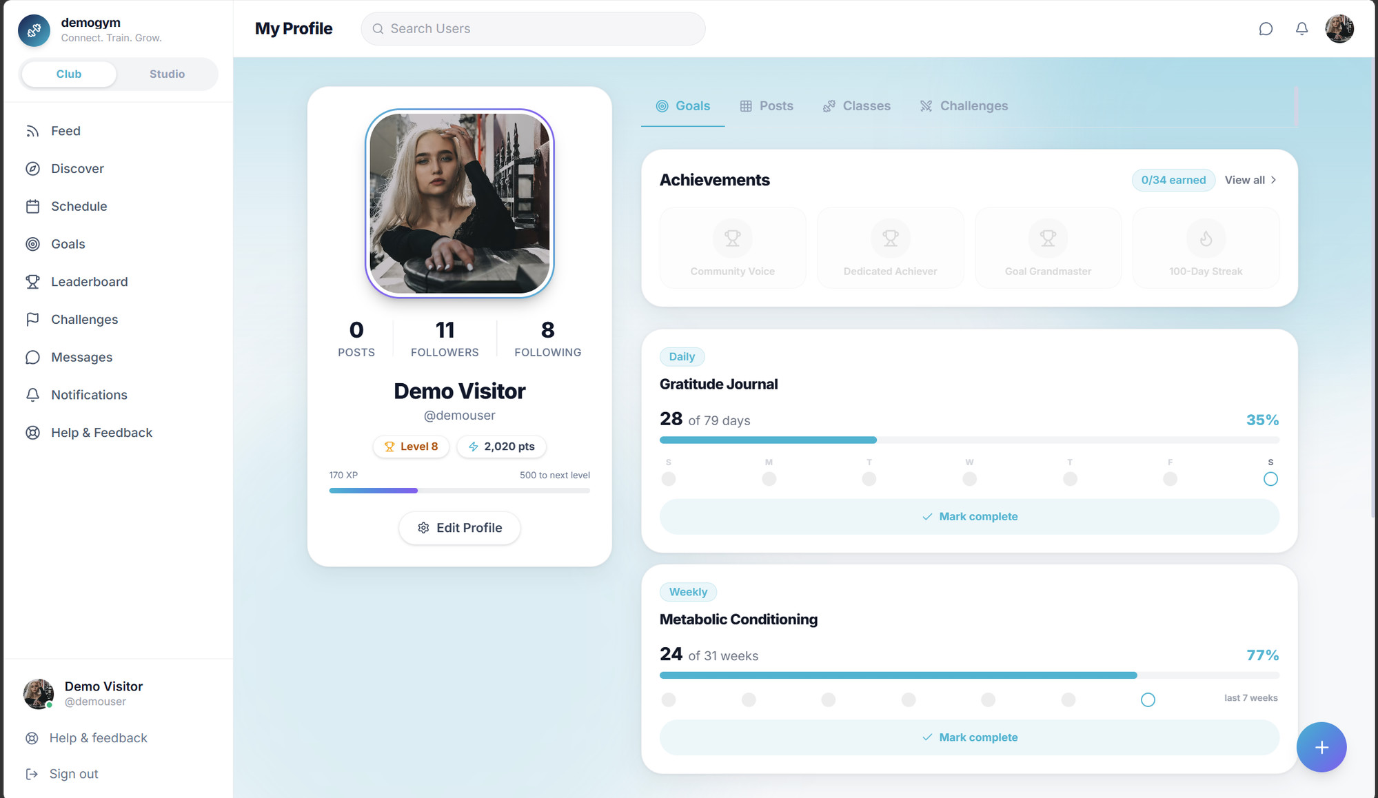 Core.X member profile: avatar, level and points, followers, achievements and daily and weekly goal streaks with progress bars.