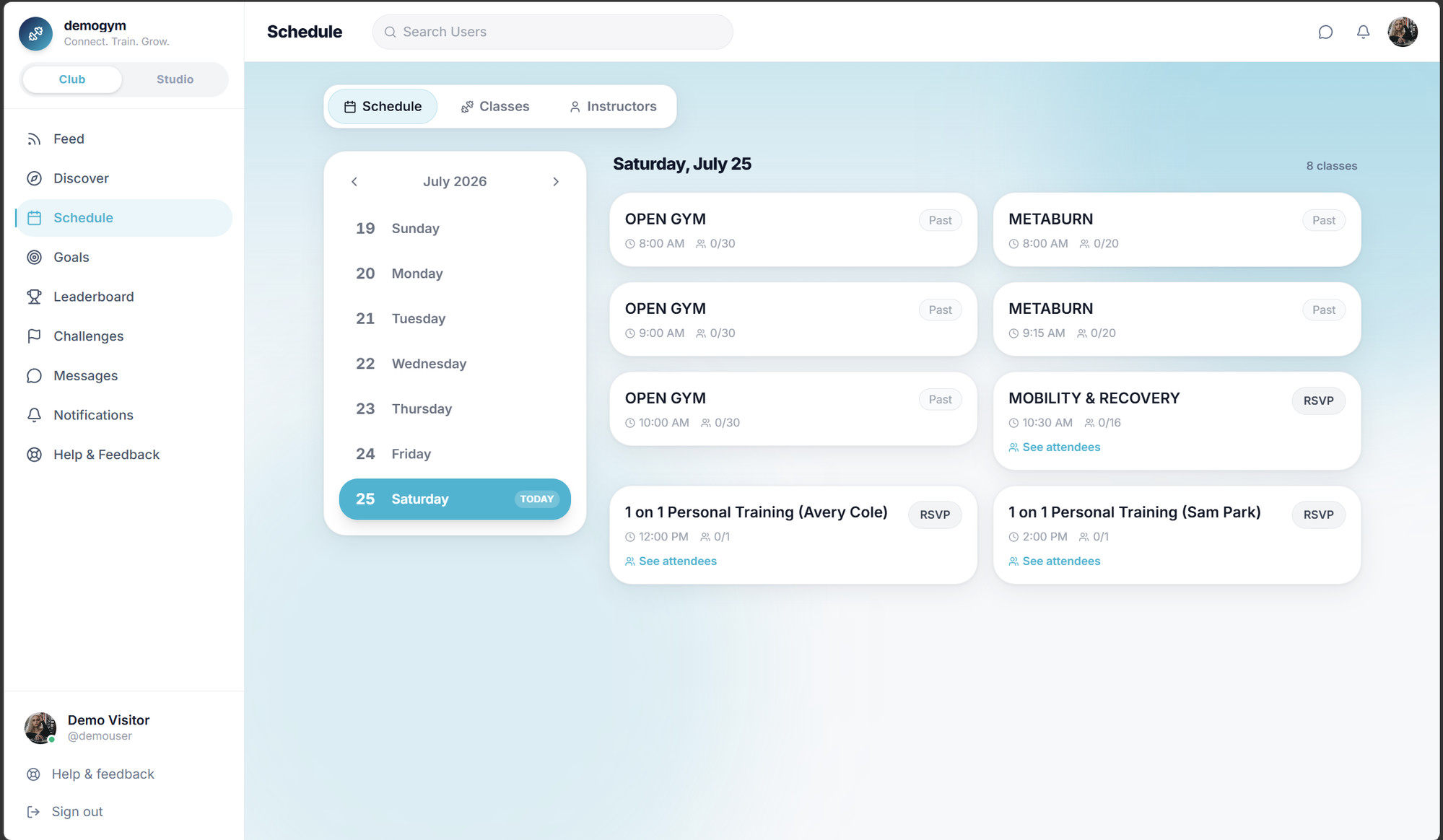 Core.X member schedule: a day picker beside class cards for open gym, MetaBurn and personal training with RSVP buttons.