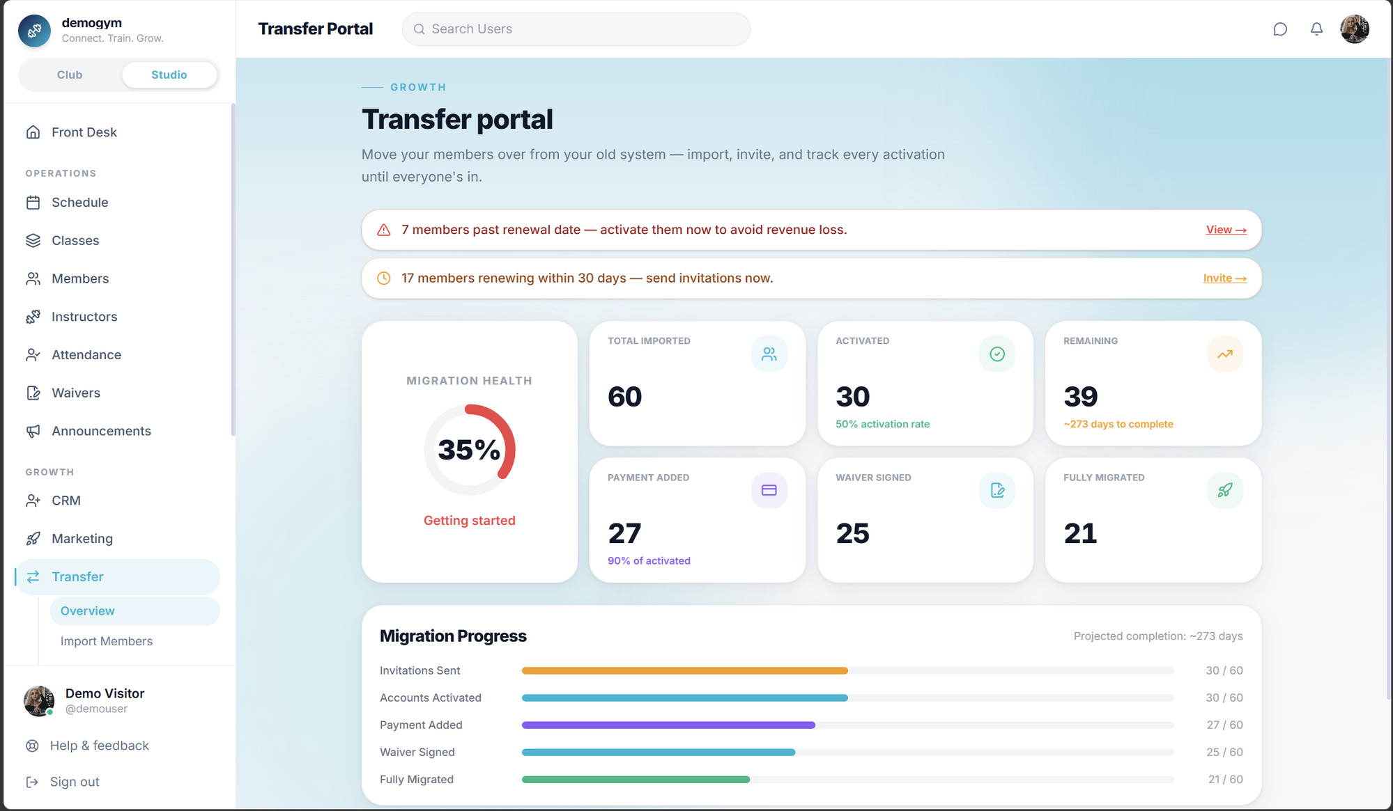 Core.X Transfer Portal: migrate members from an old system with import, invite and activation tracking.