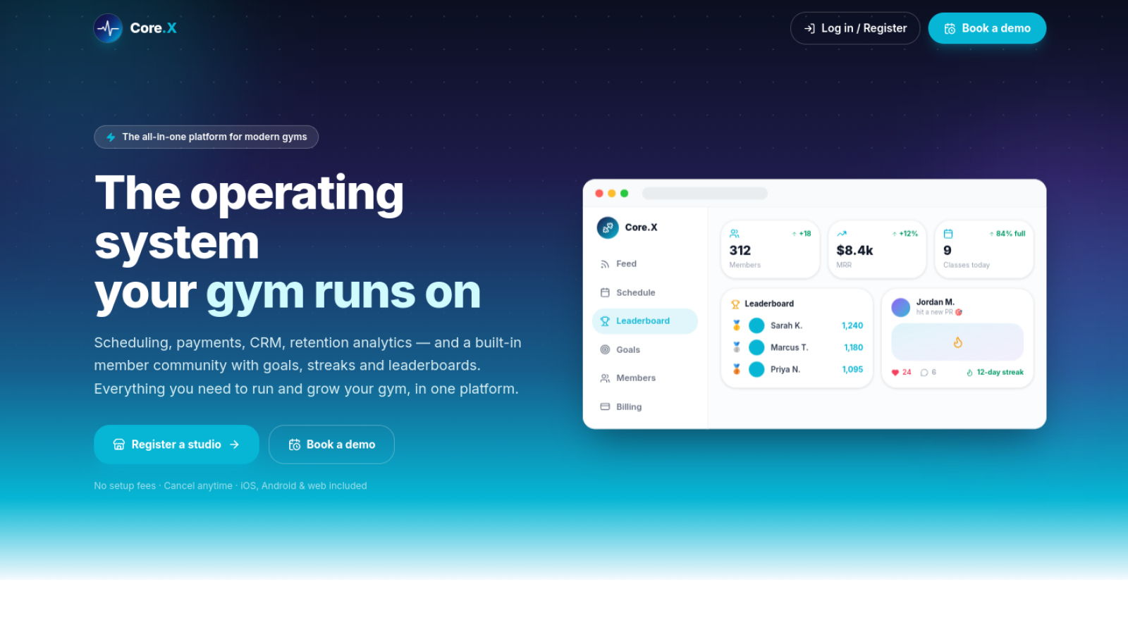 The Core.X marketing website — 'The operating system your gym runs on.'