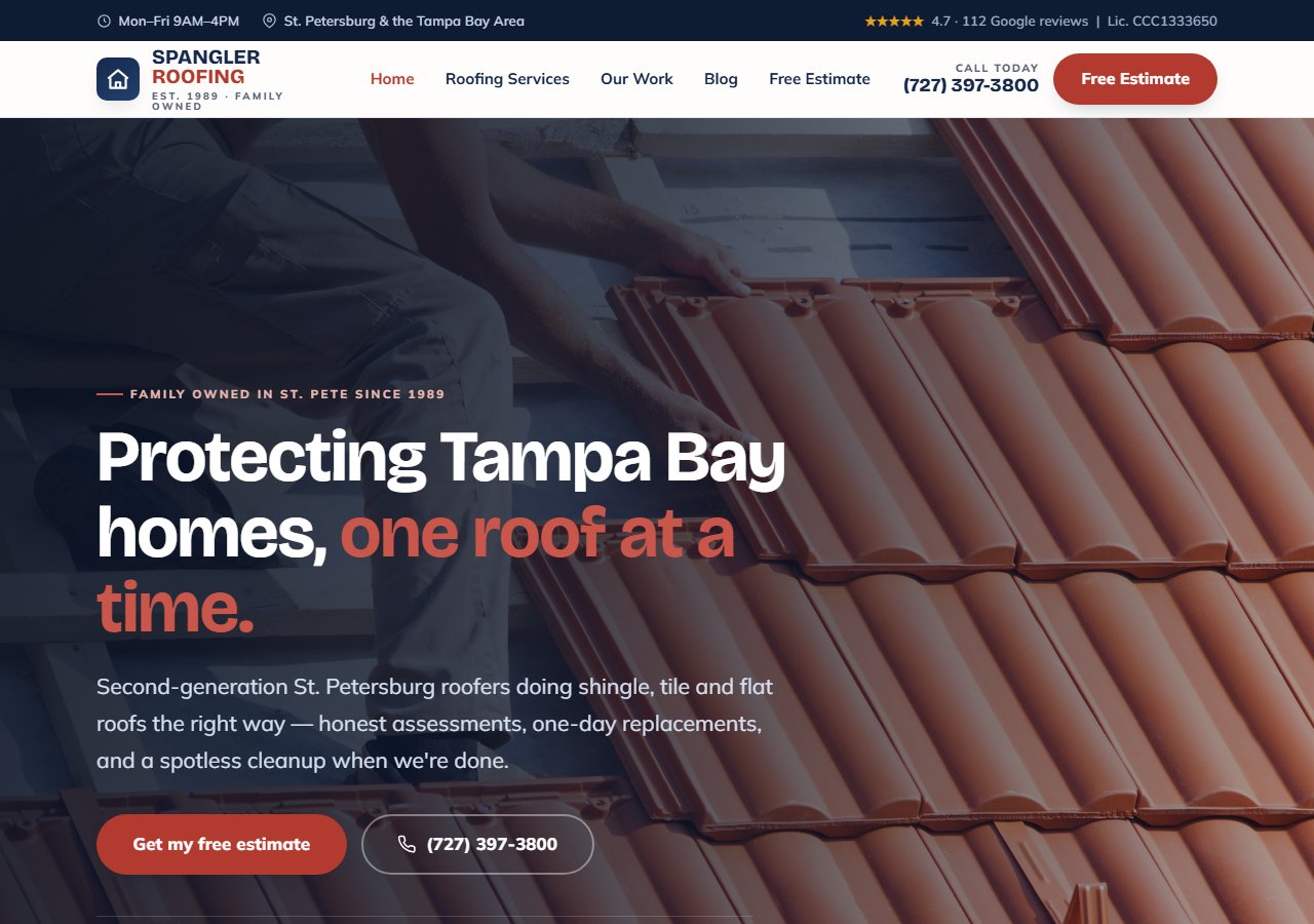 The new Spangler Roofing website by Wilson Innovations — a bold hero reading 'Protecting Tampa Bay homes, one roof at a time' with clear call and estimate buttons.