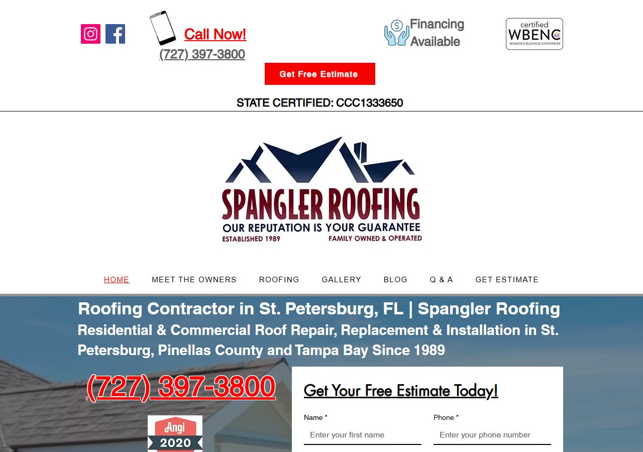 Spangler Roofing's previous website — a cluttered, dated layout with red text links and a busy header.