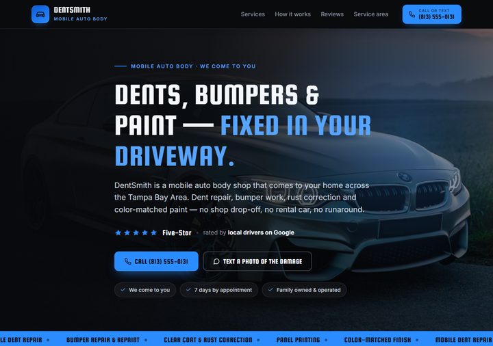 Mobile auto body template preview — bold dark design