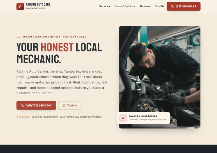 Auto repair template preview — retro-Americana design in parchment and oxide red