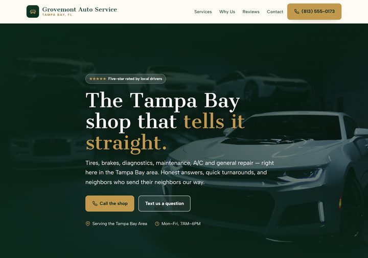 Auto repair template preview — deep forest green and gold on cream