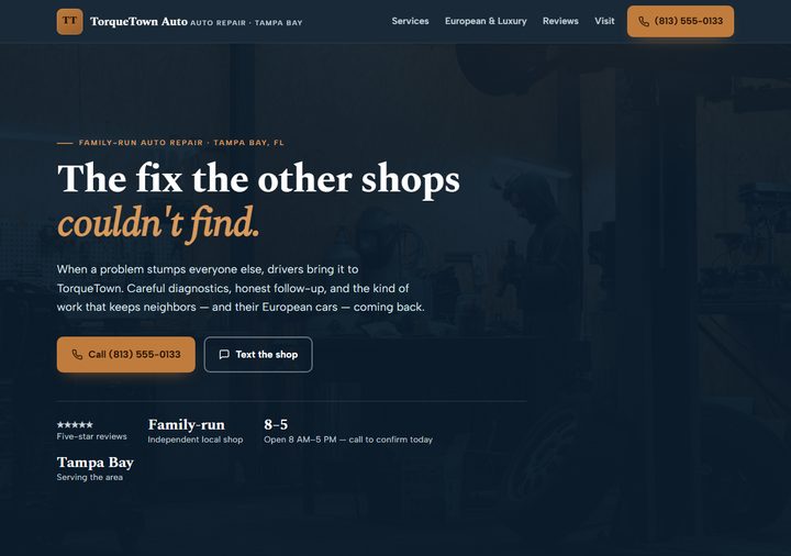 Auto repair template preview — petrol navy with burnished copper