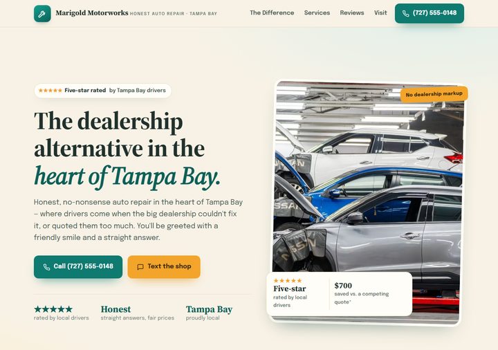 Auto repair template preview — warm teal and marigold on cream