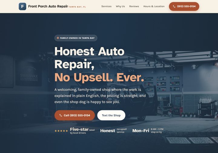 Auto repair template preview — dusty blue and terracotta family shop