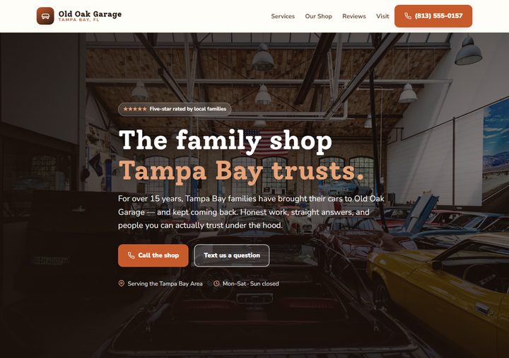 Auto repair template preview — adobe and espresso heritage garage