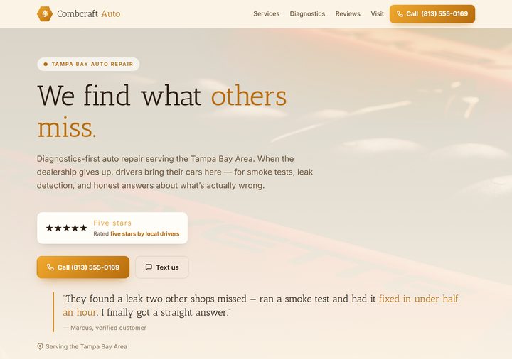 Auto repair template preview — warm cream and espresso with amber