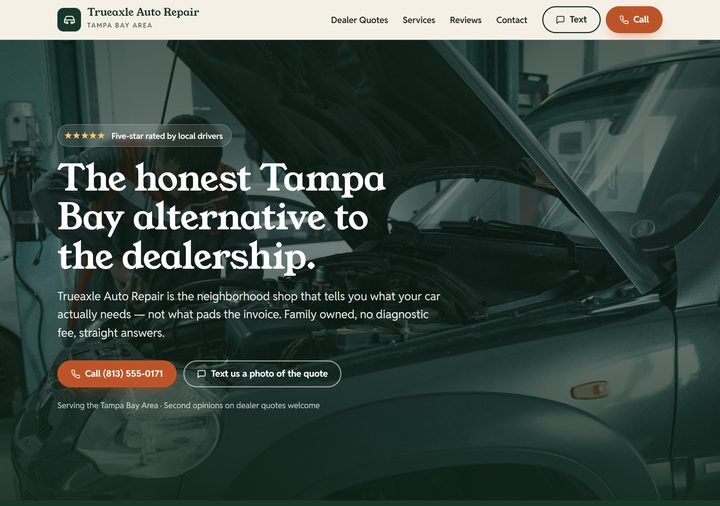 Auto repair template preview — pine green and rust on bone