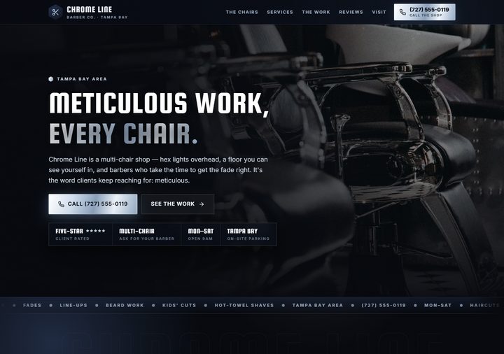 Barbershop template preview — navy black with chrome silver metallic sweep