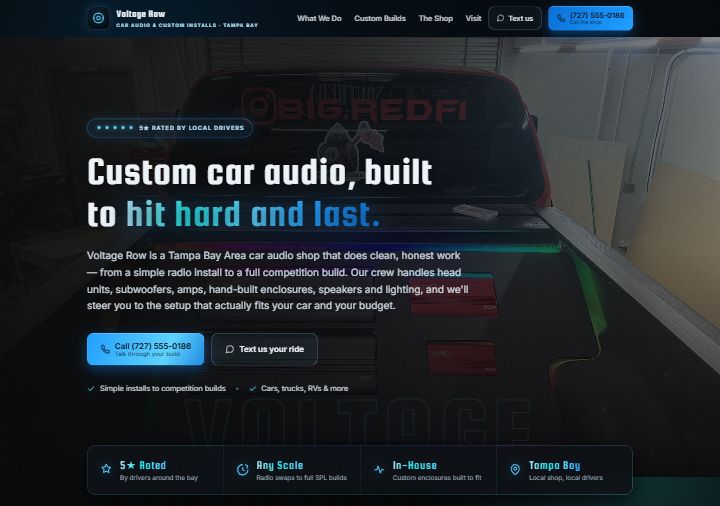 Car audio template preview — amp-black with electric-blue LED glow