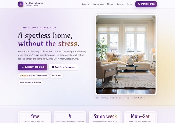 House cleaning template preview — light glow in violet and halo gold