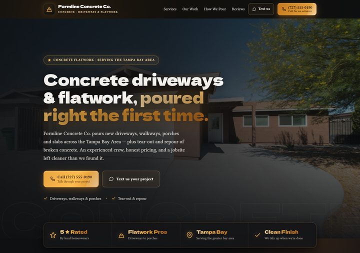 Concrete contractor template preview — graphite with amber aurora glow