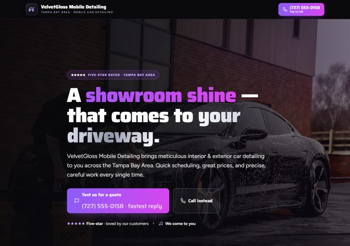 Mobile detailing template preview — dark obsidian with violet gradient