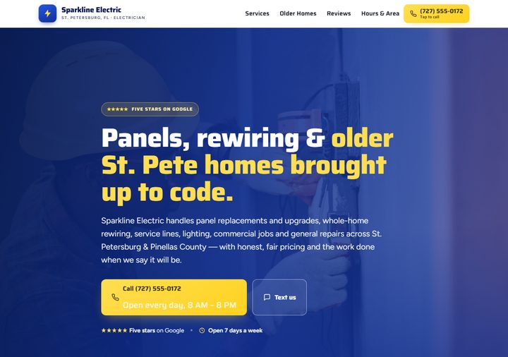 Electrician template preview — cobalt blue with spark yellow
