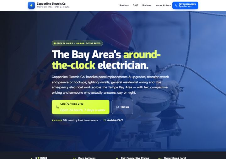 Electrician template preview — charcoal with electric-blue and high-viz lime accents