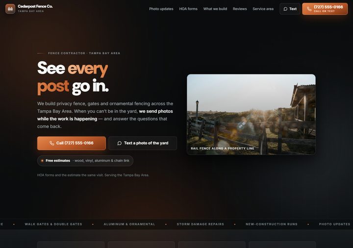 Fence contractor template preview — iron black with cedar orange accents