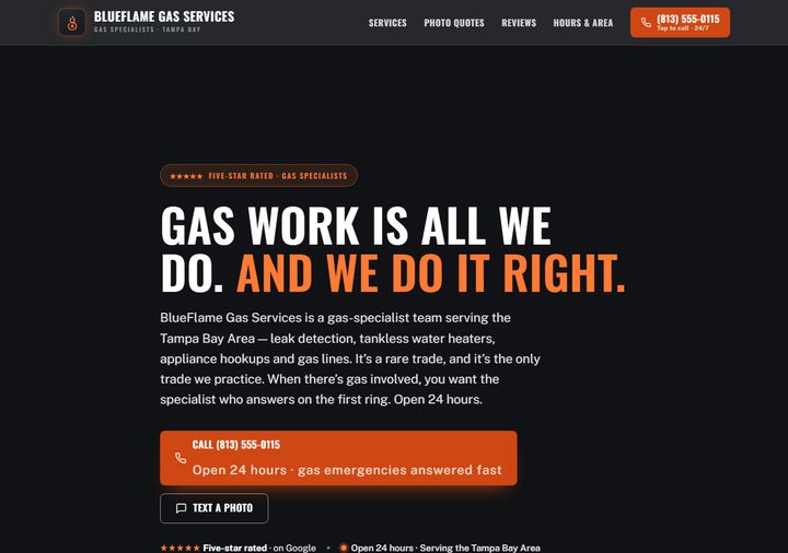 Gas services template preview — graphite with flame orange