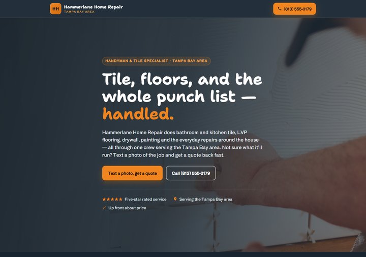 Handyman template preview — tangerine and deep slate on cool paper
