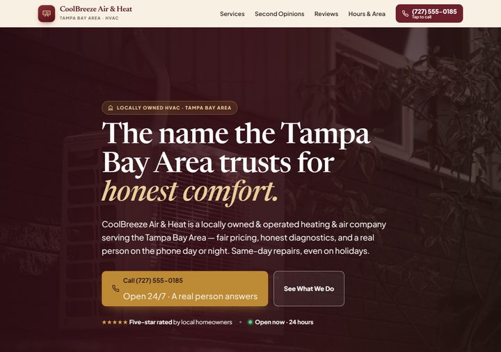HVAC template preview — burgundy and gold editorial design