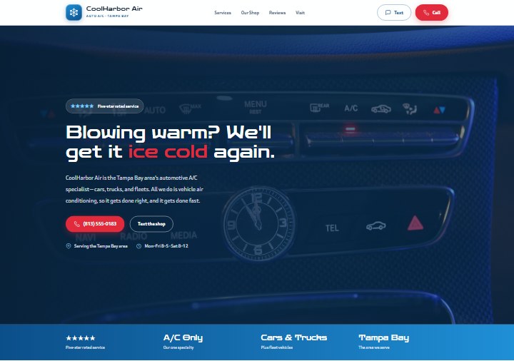 Auto A/C template preview — frost blue and navy with a hot-red accent
