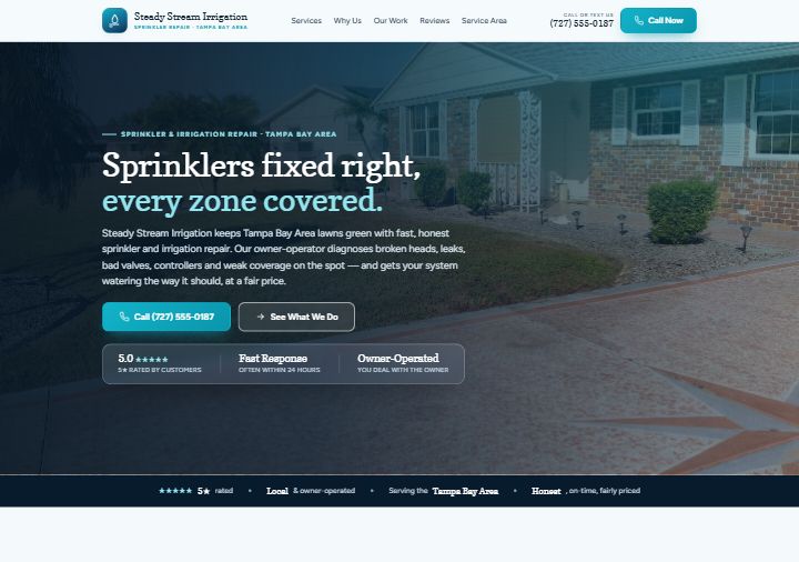 Irrigation template preview — deep navy with aqua glow over a sunlit lawn