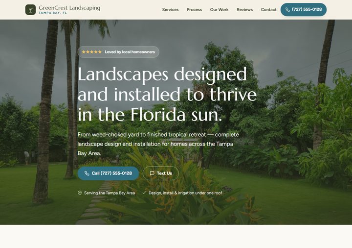 Landscaping template preview — editorial olive and sage design