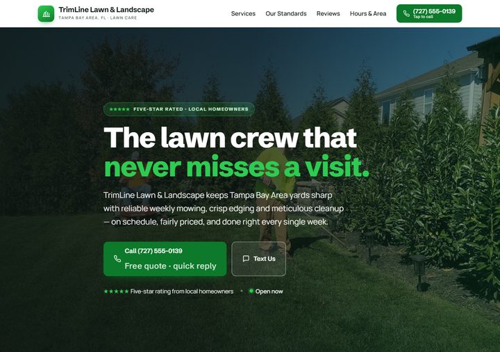 Lawn care template preview — modern charcoal-green design
