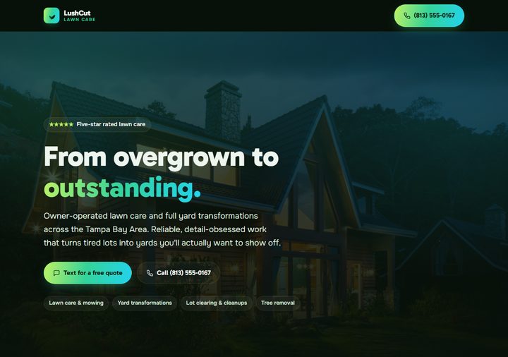 Lawn care template preview — dark green with lime gradient
