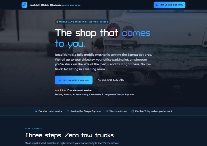 Mobile mechanic template preview — midnight navy with headlight blue